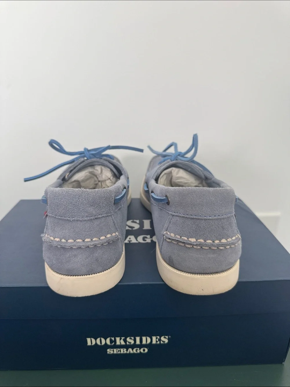 Docksides Sebago Light Blue Suede Moccasins with Blue Laces
